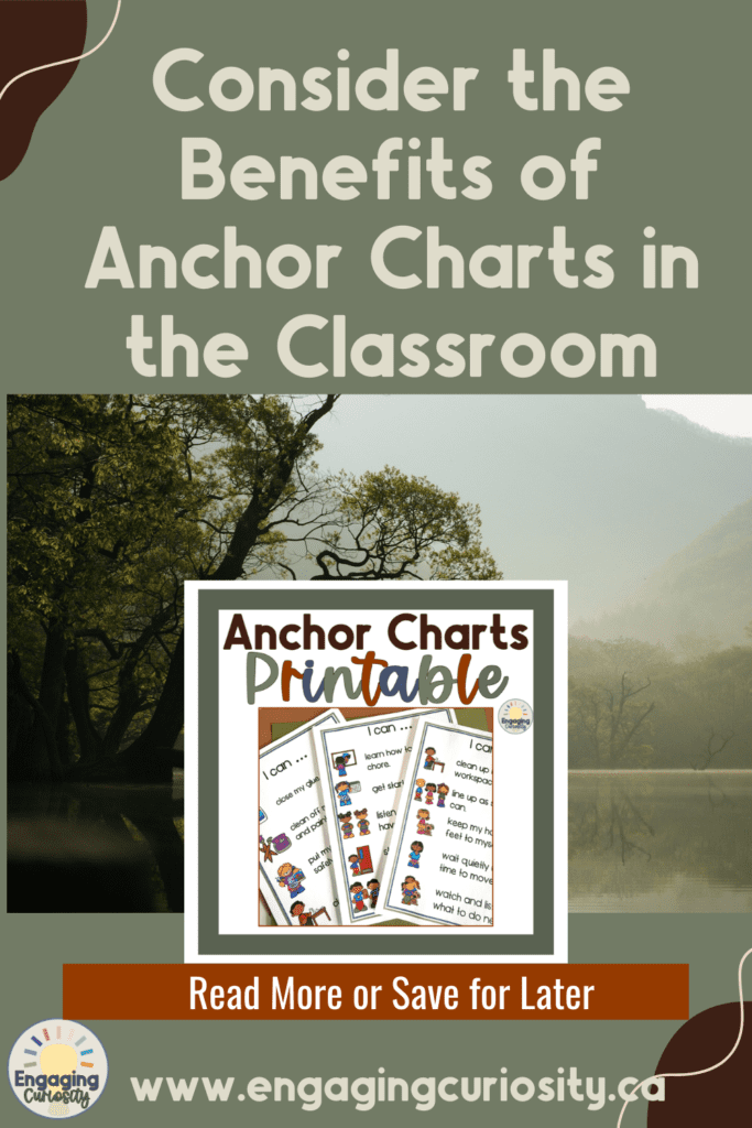 alt=”sage green background, with text overlay on the top third reading consider the benefits of anchor charts in the classroom, the middle third has a waterside image in the background with the thumbnail for a resource of printable anchor charts in the foreground,  and the bottom third has a picture of _ and below that is the CTA Read more or save for later with the www.engagingcuriosity.ca web address.”