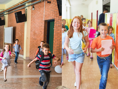 students running and walking in a school hallway demonstrating how behavior affects other classrooms
