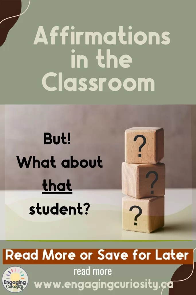 alt="Brownie beige wall in the background, with cream table in the foreground, 3 stacked wooden blocks with question marks on them and the question "What about that student?" to recognise that there are students with whom it is difficult to offer the positive reinforcement students need, but it is still the job of the teacher to try."