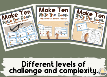 alt="3 icons for math activity Make Ten Write the Room resources that are differentiated both by using number bonds or equations and by changing the position of the unknown number. These address the topic of challenge and complexity in differentiation in classroom."