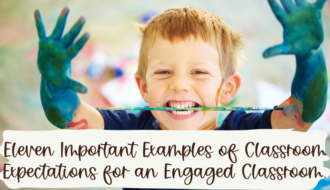 alt="young blond caucasian boy with hands covered in green paint and paintbrush in his mouth with words Eleven Important Examples of Classroom Expectations for an Engaged Classroom on the photo to preface a discussion on the examples of classroom expectations."