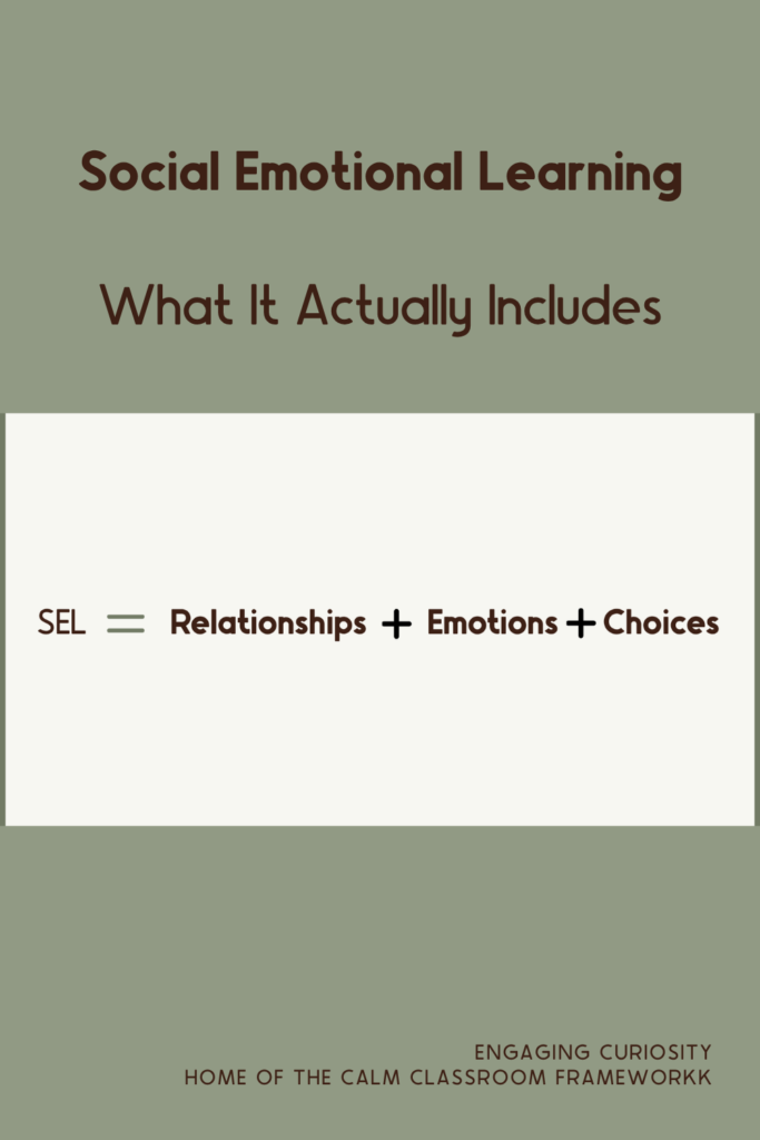 Graphic titled “Social Emotional Learning: What It Actually Includes,” featuring the formula “SEL = Relationships + Emotions + Choices,” with branding for Engaging Curiosity and the Calm Classroom Framework.