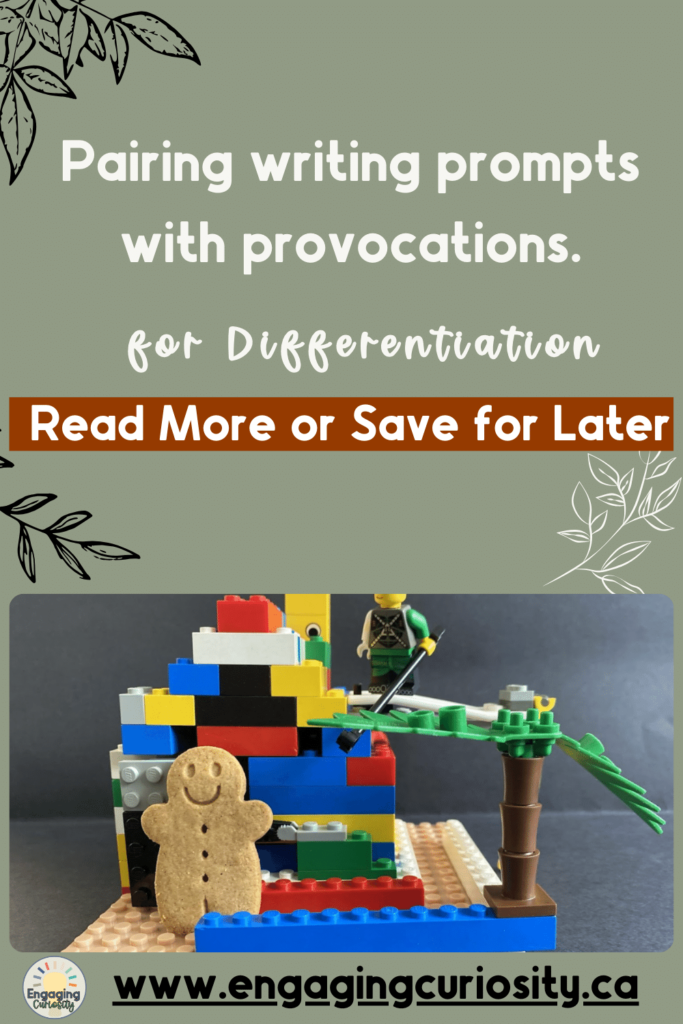 image of a lego project with a gingerbread man that a student made to accompany a writing prompt for kids. text overlay reads, 'Pairing prompts with provocations for Differentiation.' this is an excellent option for writing prompts beginners."