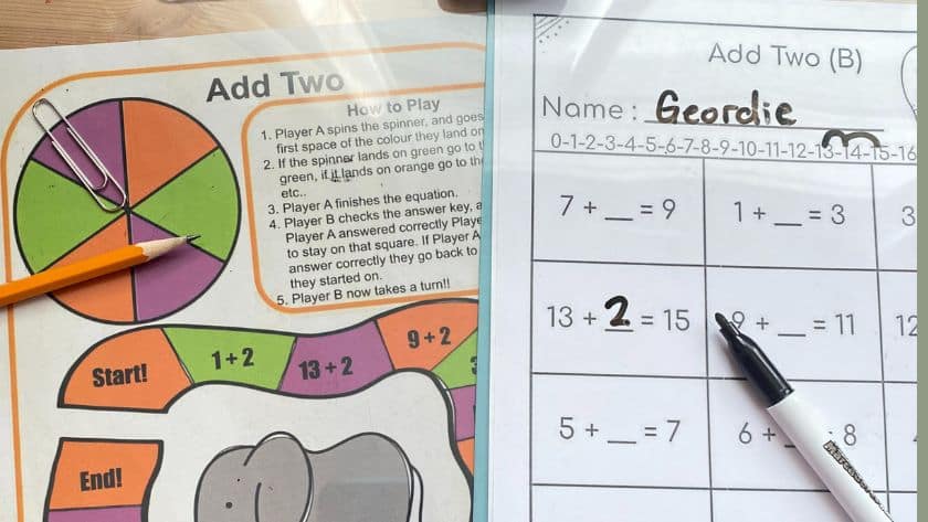 Image of an 8.5 by 11 board game for math facts within 20. game is accompanied by a worksheet, and is a model for organizing classroom centers.