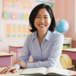 smiling teacher sitting at her desk in a calm classroom