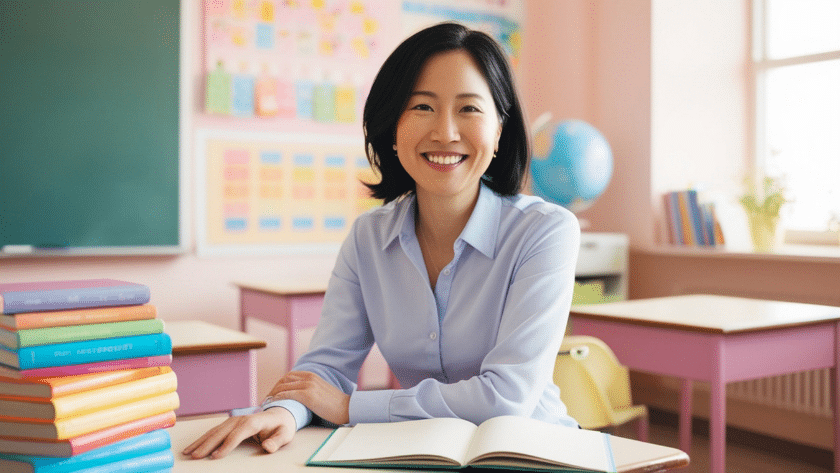 smiling teacher sitting at her desk in a calm classroom